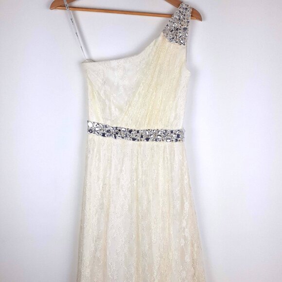 Ivory Lace Gown Size 5. Fairy Greek goddess one shoulder rhinestones prom formal - Picture 5 of 14